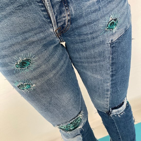 Custom Distressed Boro Sashiko Acid Faded Blue Jeans - Picture 7 of 17